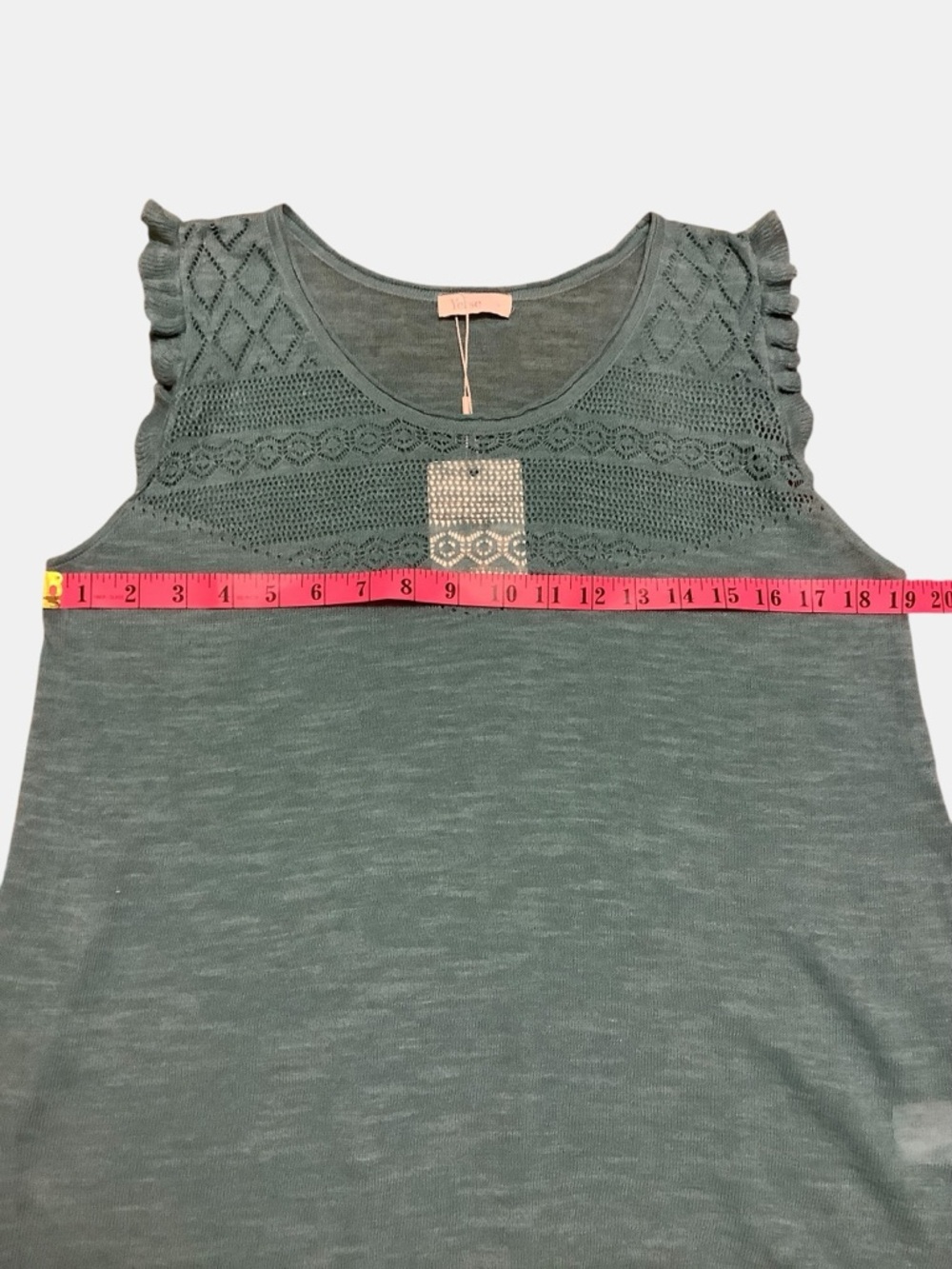Yerse Linen Blend Knit Top Ruffle Sleeve Lace Detail Teal Size L NWT - Picture 7 of 12